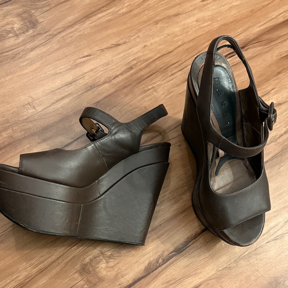 Marni Dark Brown Leather Wedge Sandals